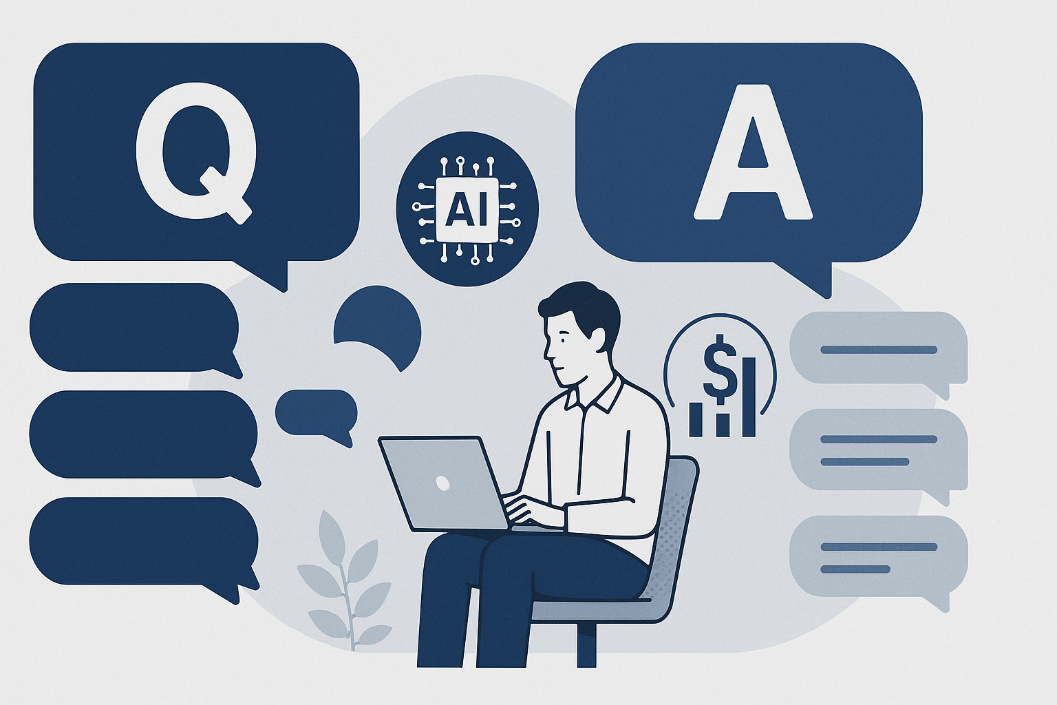FAQ illustration showing common questions about ai business monetization guide with answer bubbles