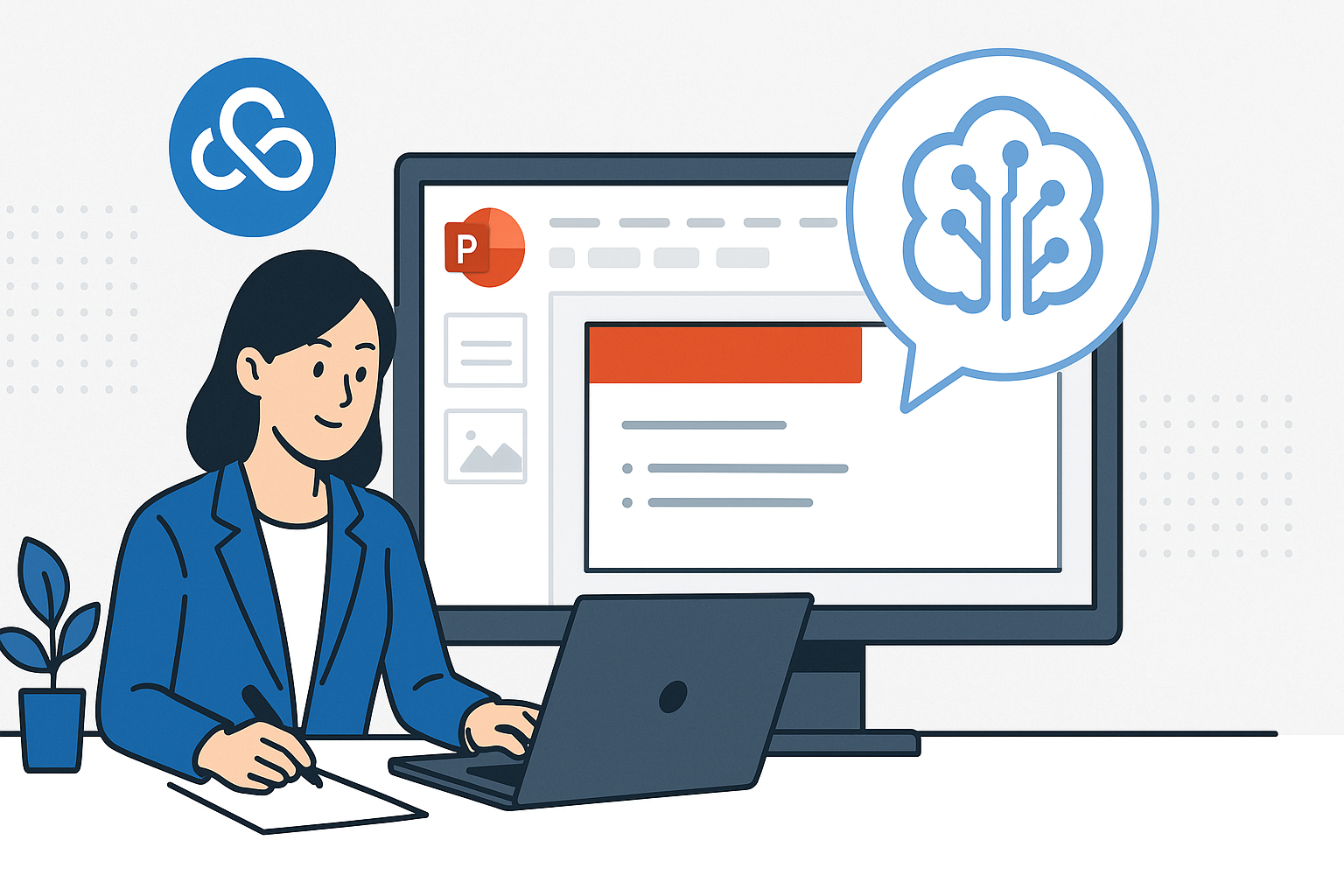 Professional illustration for blog section about 5) Microsoft Copilot（PowerPoint）：既存PPT文化 related to ai presentation tools