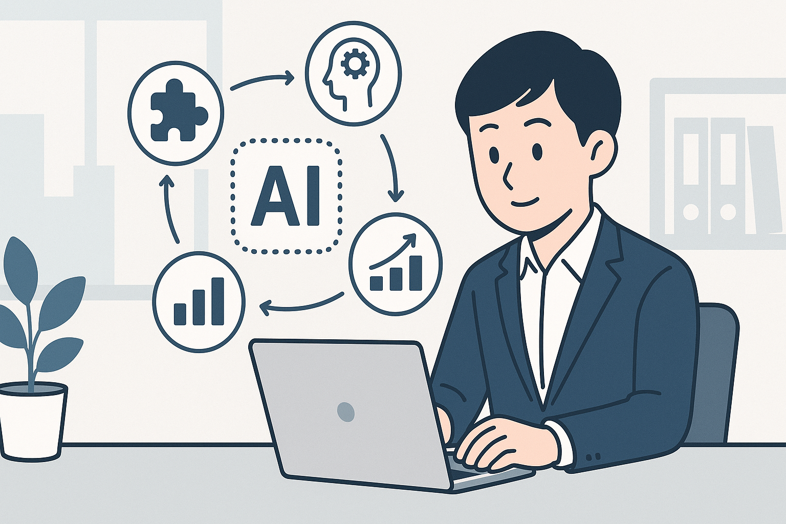 Office worker using AI tools on laptop workflow concept