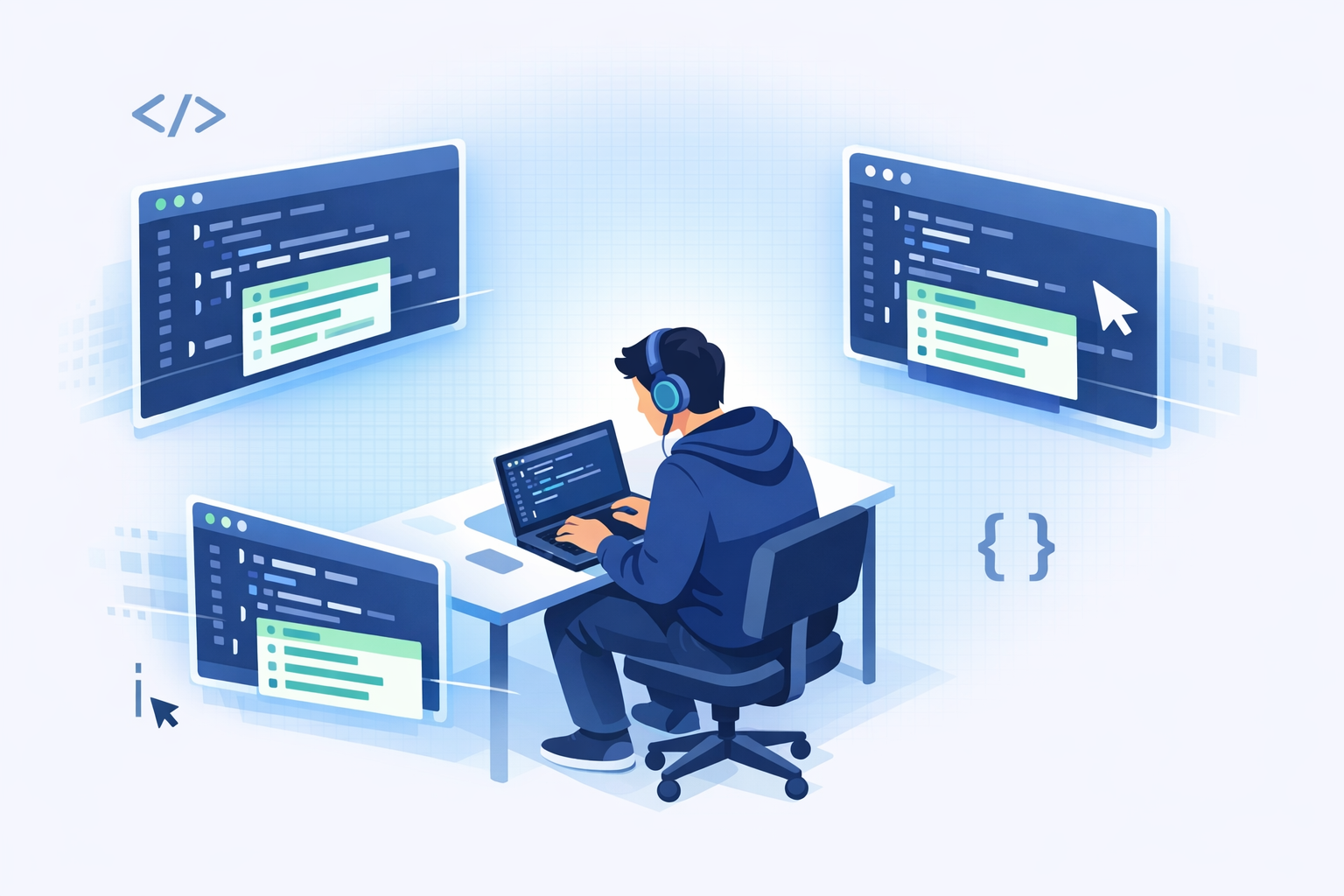 Developer using AI coding assistants with multiple tool interfaces