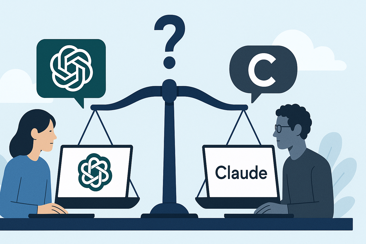 Professional illustration for blog section about ChatGPTとClaude、結局どっちを使うべき？
 related to chatgpt vs claude comparison