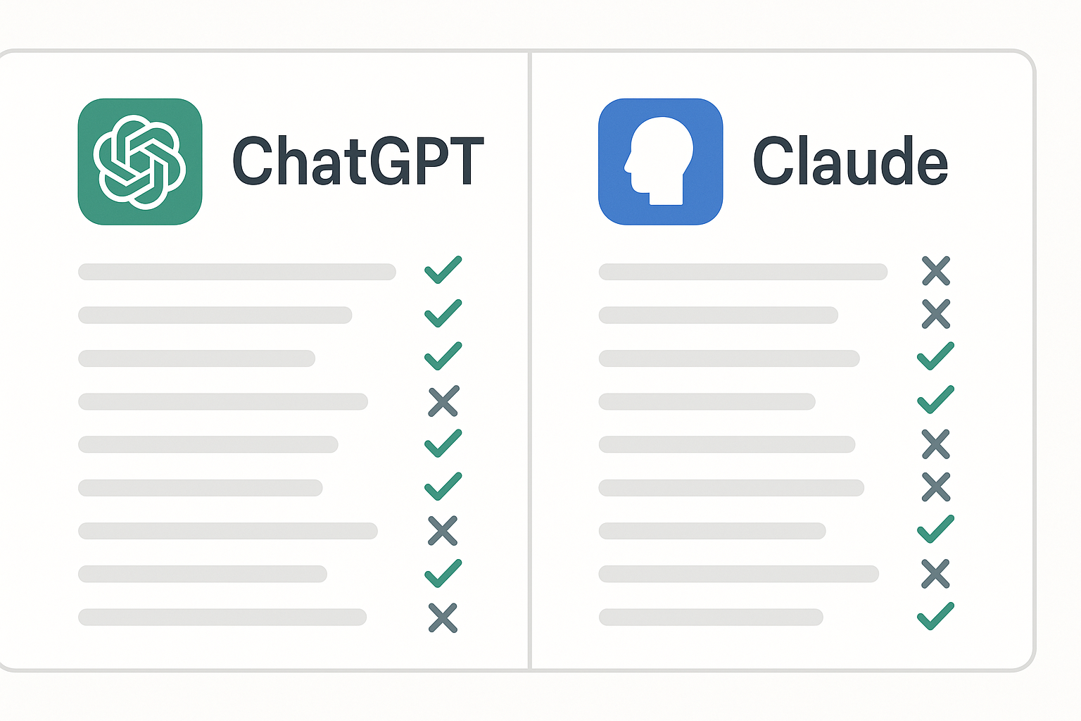 Comparison chart showing chatgpt vs claude comparison tools side by side with feature matrix