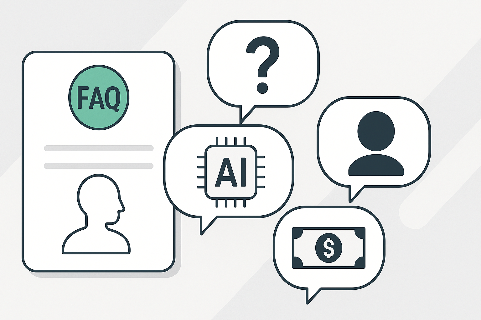 FAQ illustration showing common questions about how to make money with ai with answer bubbles