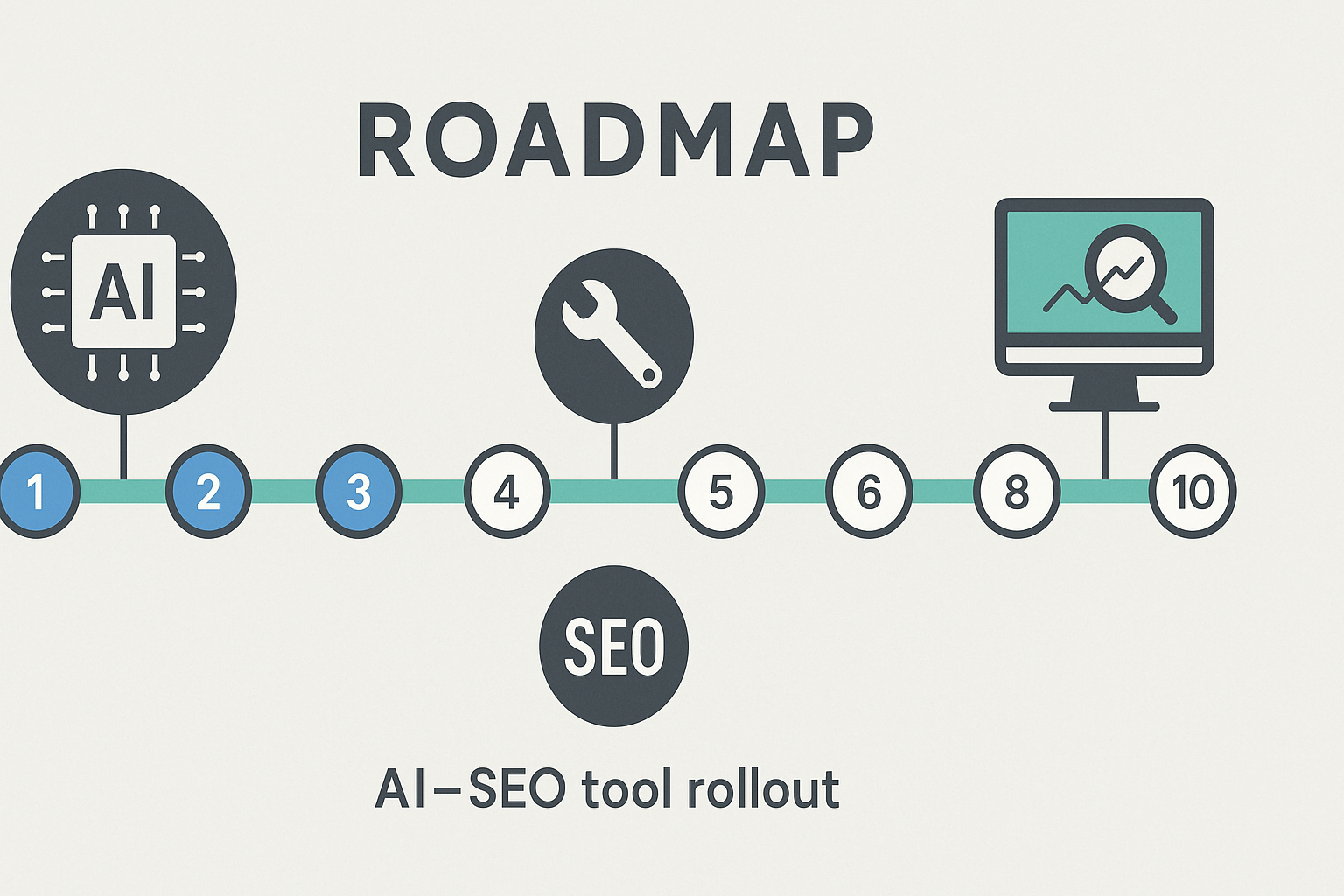 Roadmap timeline showing 10-article sprint for AI SEO tool rollout