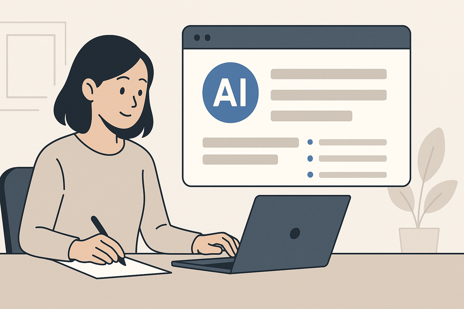 Writer using AI assistant dashboard to draft marketing copy