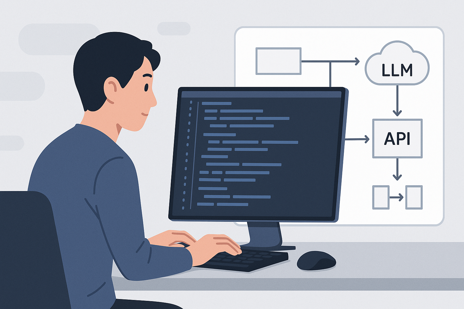 Developer coding with LLM API architecture diagram