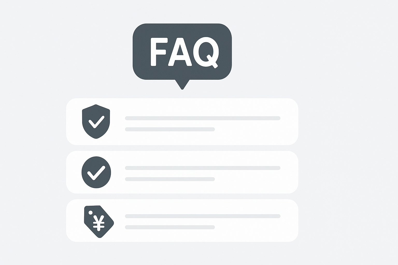 FAQ layout with icons for security, accuracy, pricing