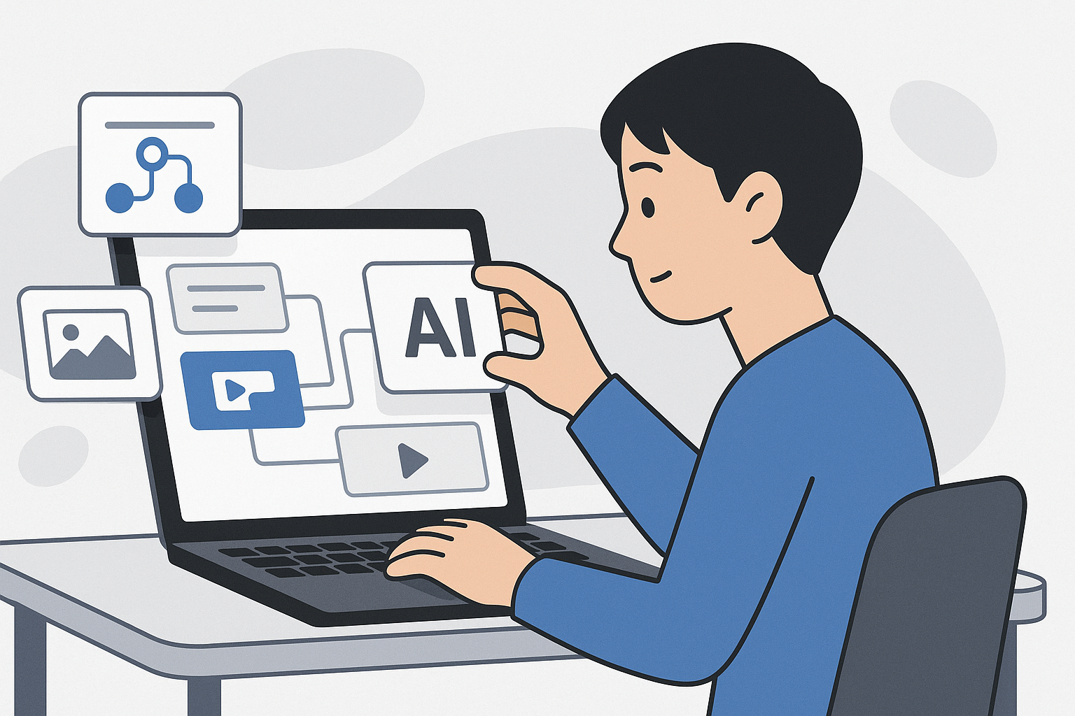 Person building an AI app with no-code blocks on laptop