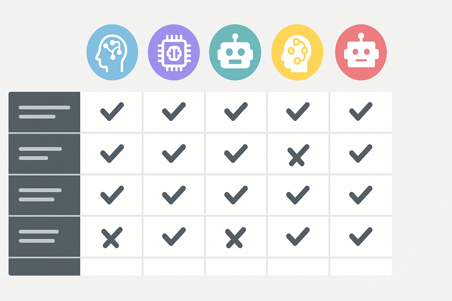 Comparison table graphic of five AI no-code app builders