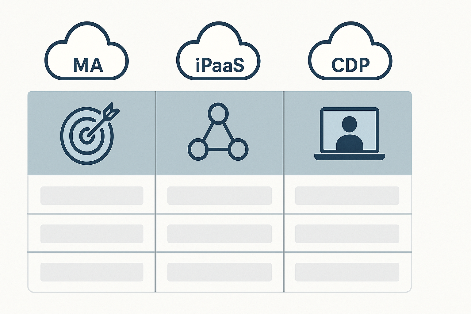Comparison table visual of MA vs iPaaS vs CDP