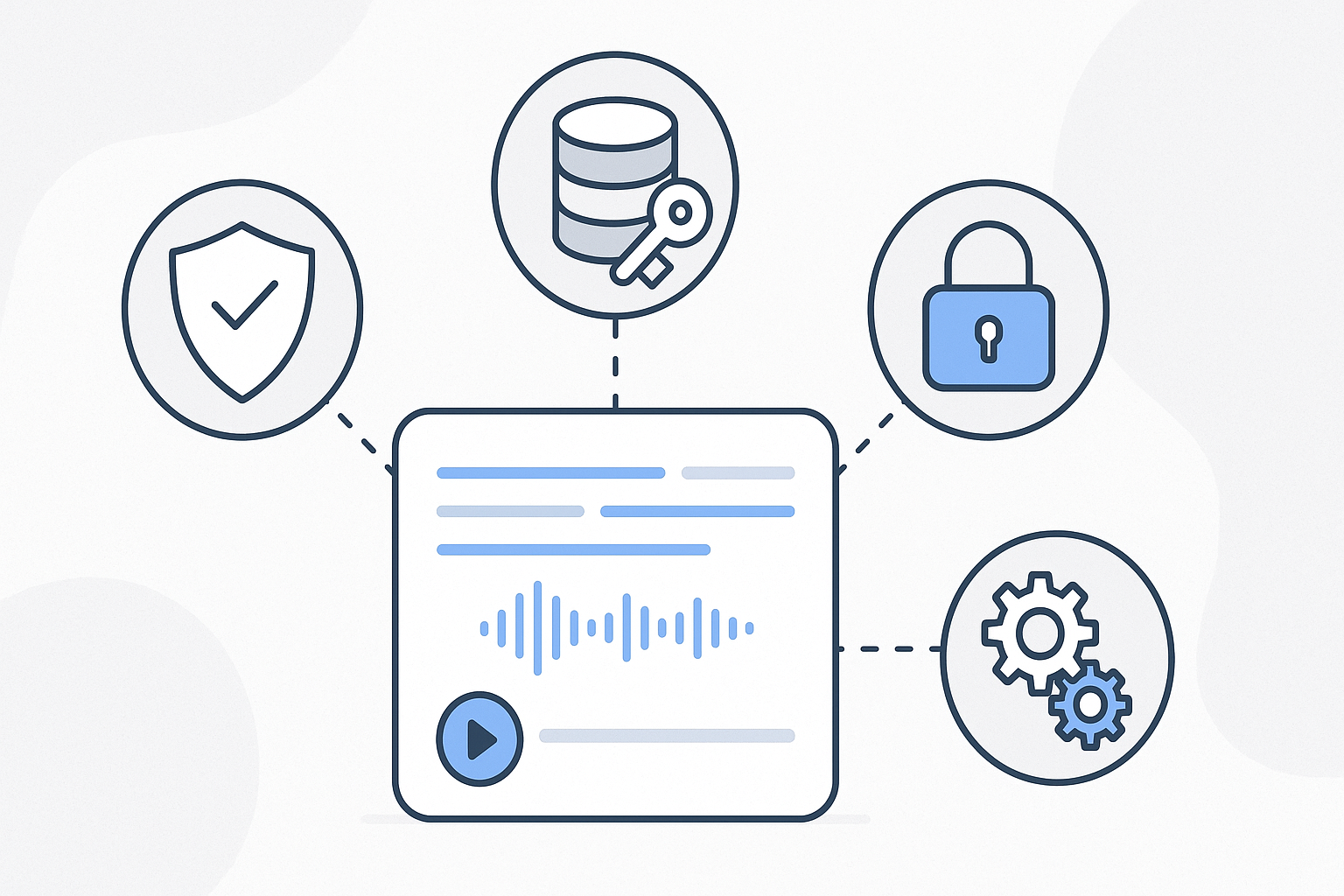 Security and integration icons around transcription app